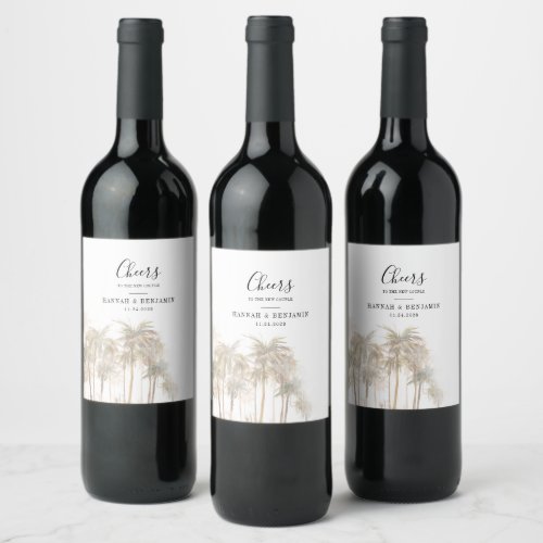 Modern Watercolor Palm Trees Tropical Wedding Wine Label