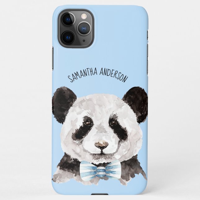 Modern Watercolor Panda With Name And Pastel Blue iPhone Case (Back)