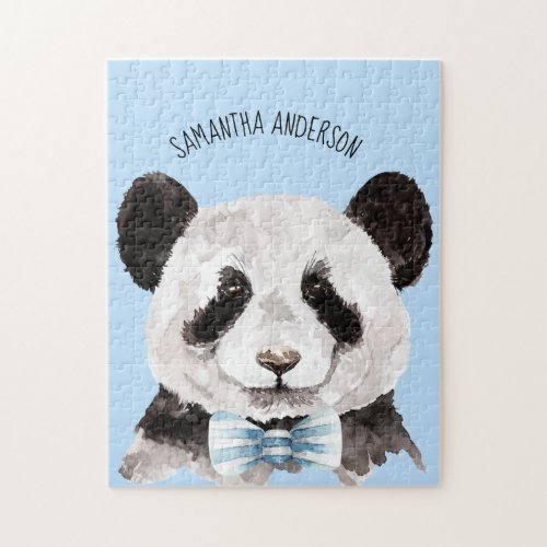 Modern Watercolor Panda With Name And Pastel Blue Jigsaw Puzzle
