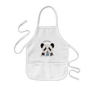 Modern Watercolor Panda With Name And Pastel Blue Kids' Apron