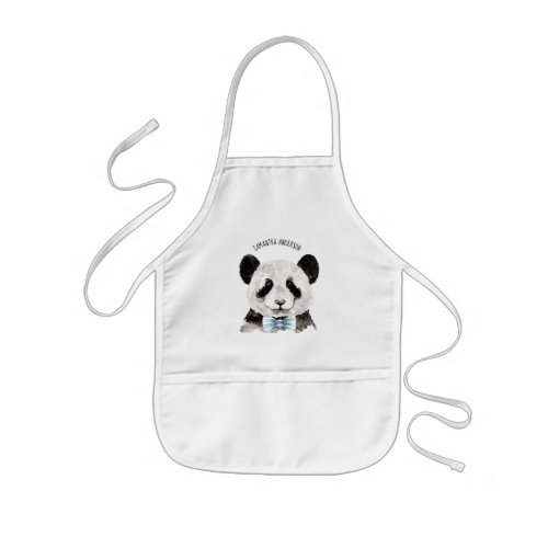 Modern Watercolor Panda With Name And Pastel Blue Kids Apron