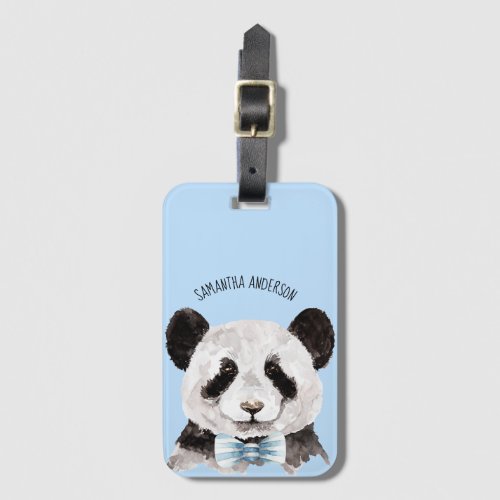 Modern Watercolor Panda With Name And Pastel Blue Luggage Tag