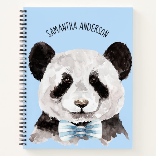 Modern Watercolor Panda With Name And Pastel Blue Notebook