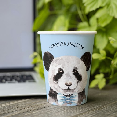 Modern Watercolor Panda With Name And Pastel Blue Paper Cups