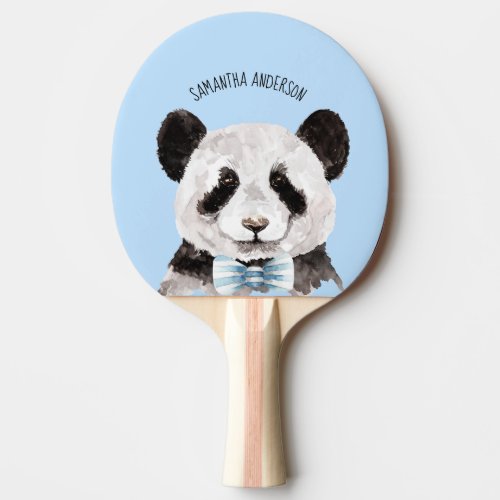 Modern Watercolor Panda With Name And Pastel Blue Ping Pong Paddle