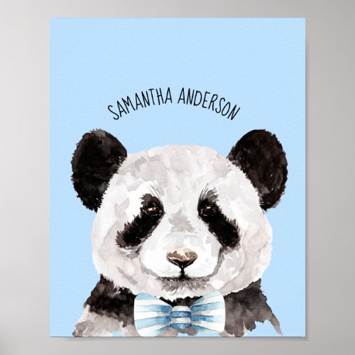 Modern Watercolor Panda With Name And Pastel Blue Poster