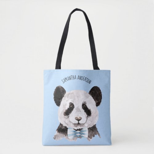 Modern Watercolor Panda With Name And Pastel Blue Tote Bag