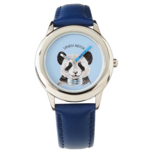 Modern Watercolor Panda With Name And Pastel Blue Watch