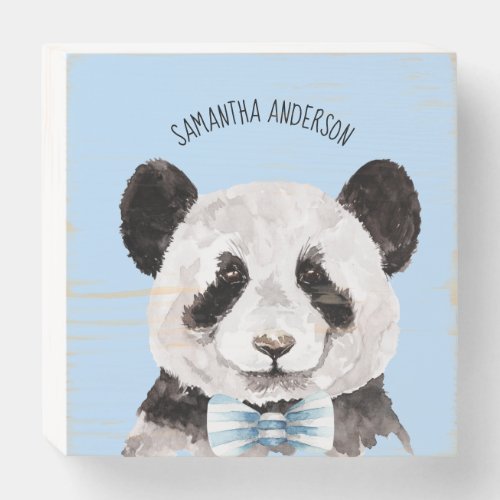 Modern Watercolor Panda With Name And Pastel Blue Wooden Box Sign
