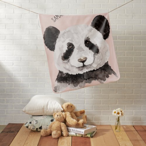 Modern Watercolor Panda With Name And Pastel Pink Baby Blanket