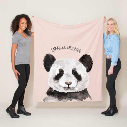 Modern Watercolor Panda With Name And Pastel Pink Fleece Blanket