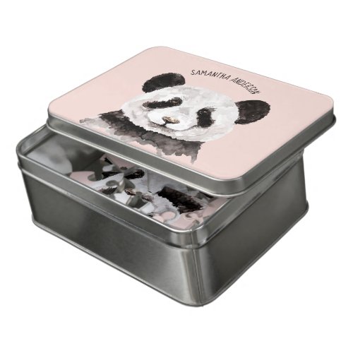 Modern Watercolor Panda With Name And Pastel Pink Jigsaw Puzzle