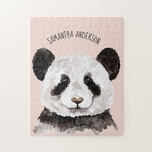 Modern Watercolor Panda With Name And Pastel Pink Jigsaw Puzzle