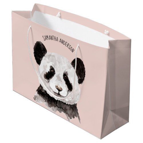 Modern Watercolor Panda With Name And Pastel Pink Large Gift Bag