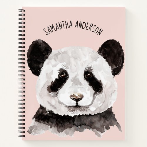 Modern Watercolor Panda With Name And Pastel Pink Notebook
