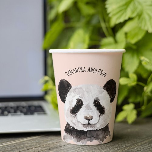Modern Watercolor Panda With Name And Pastel Pink Paper Cups
