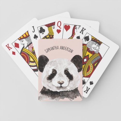 Modern Watercolor Panda With Name And Pastel Pink Poker Cards