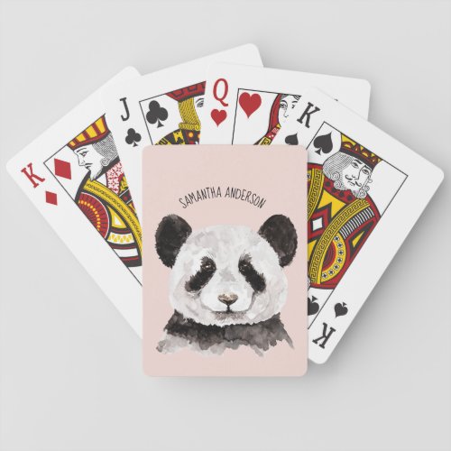 Modern Watercolor Panda With Name And Pastel Pink Poker Cards