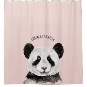 Modern Watercolor Panda With Name And Pastel Pink Shower Curtain
