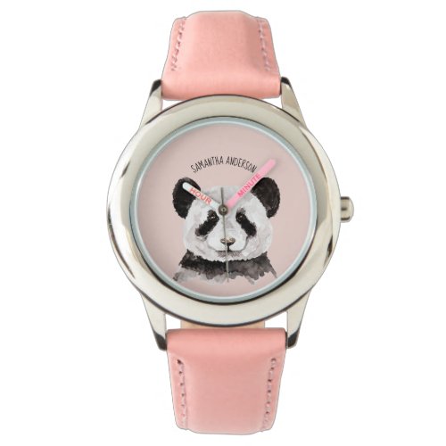 Modern Watercolor Panda With Name And Pastel Pink Watch