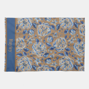 Modern Watercolor Pastel Blue Flowers Pattern Name Kitchen Towel