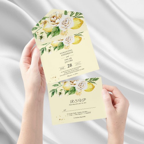 Modern Watercolor Pastel Yellow Lemons  Leaf  All In One Invitation