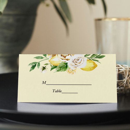 Modern Watercolor Pastel Yellow Lemons  Leaf  Place Card