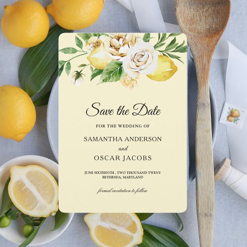 Modern Watercolor Pastel Yellow Lemons  Leaf  Save The Date