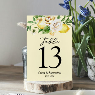 Modern Watercolor Pastel Yellow Lemons & Leaf Table Number