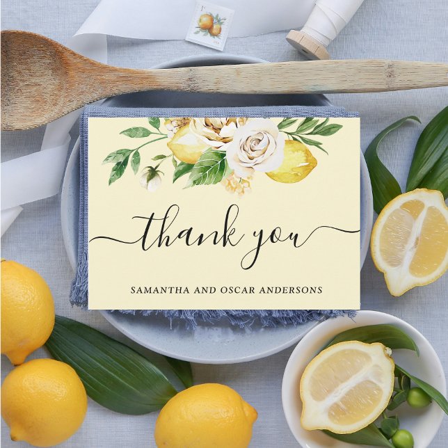 Modern Watercolor Pastel Yellow Lemons & Leaf  Thank You Card (Creator Uploaded)