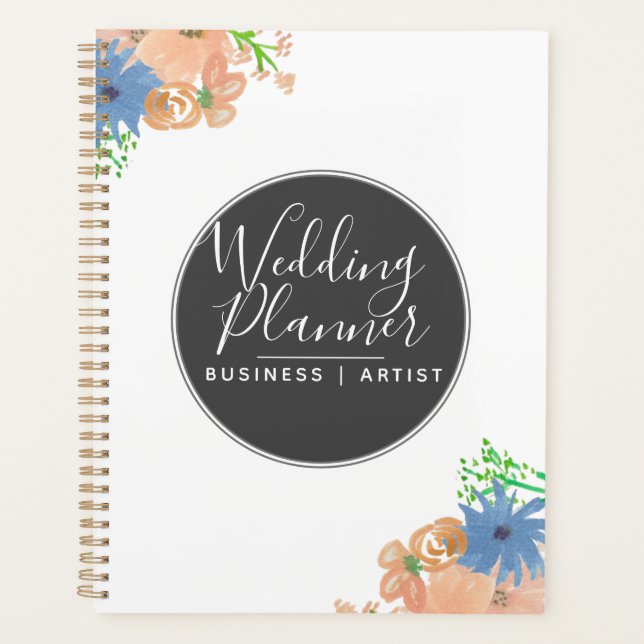 Modern Watercolor Peach and Blue Floral Wedding Planner (Front)