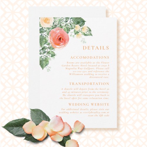 Modern Watercolor Peach Floral QR Details Wedding  Enclosure Card