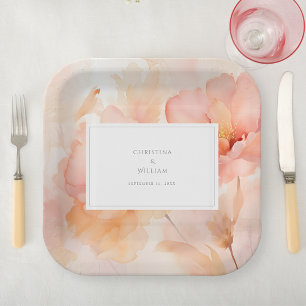 Modern Watercolor Peach Floral Wedding Paper Plates