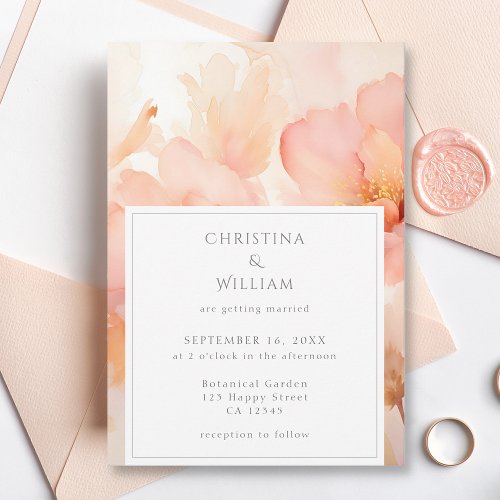 Modern Watercolor Peach Flower Wedding Invitation