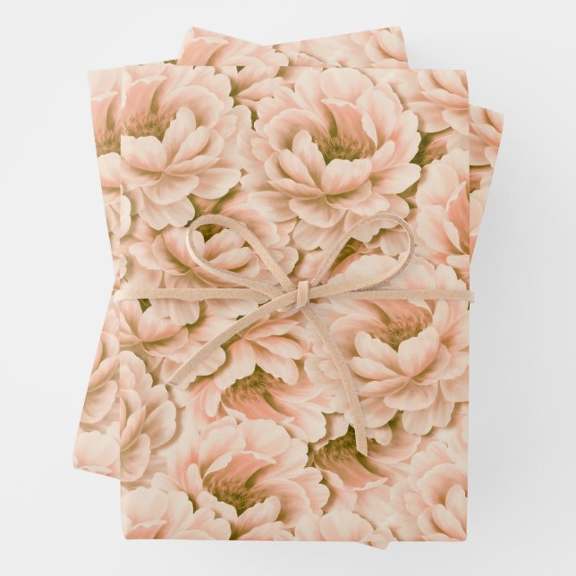 Modern Watercolor Peach Flowers Pattern Wrapping Paper Sheets (In situ)