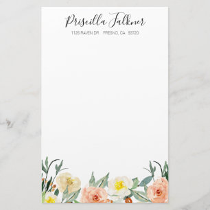 Modern Watercolor Peach Flowers Stationery