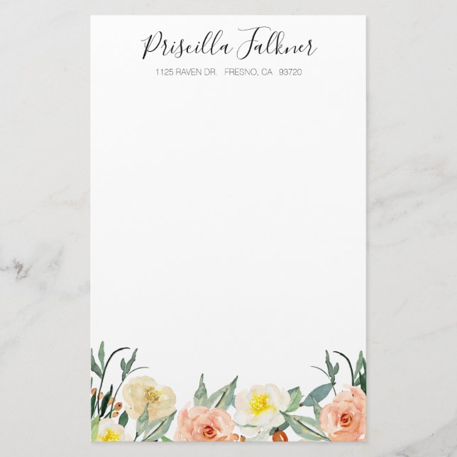 Modern Watercolor Peach Flowers Stationery (Front)