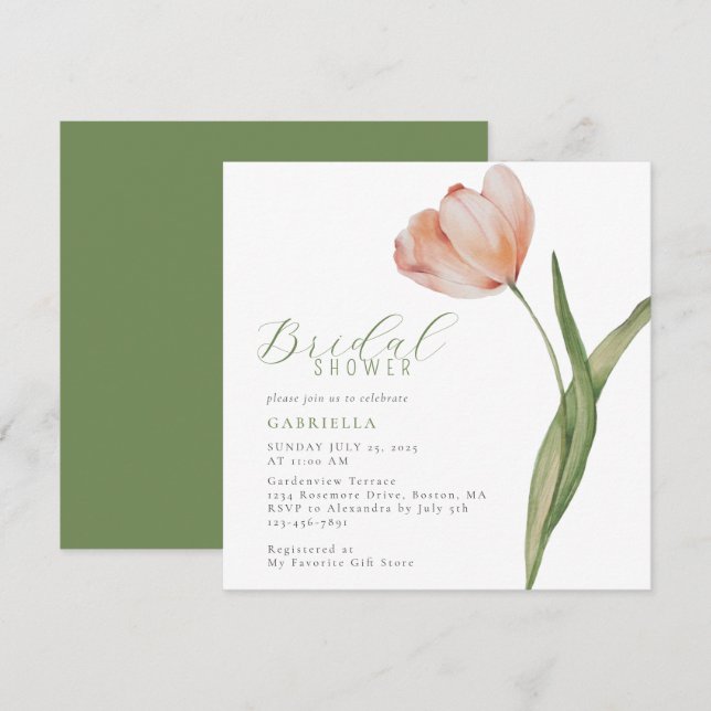 Modern Watercolor Peach Tulip Bridal Shower Invitation (Front/Back)