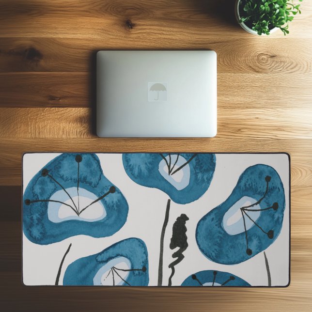 Modern Watercolor Peacock Blue Poppies Stylish Desk Mat (Desk Pad with Modern Blue Poppies, Watercolor Flowers)