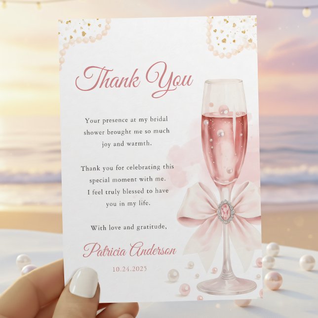 Modern Watercolor Pearls & Prosecco Bridal Shower Thank You Card (Creator Uploaded)