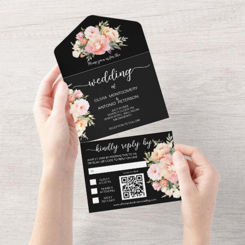 Modern Watercolor Peony Black QR Code Wedding  All In One Invitation