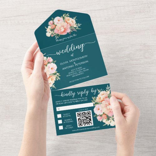 Modern Watercolor Peony Deep Teal QR Code Wedding All In One Invitation