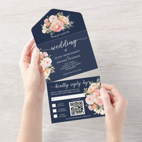 Modern Watercolor Peony Navy Blue QR Code Wedding All In One Invitation