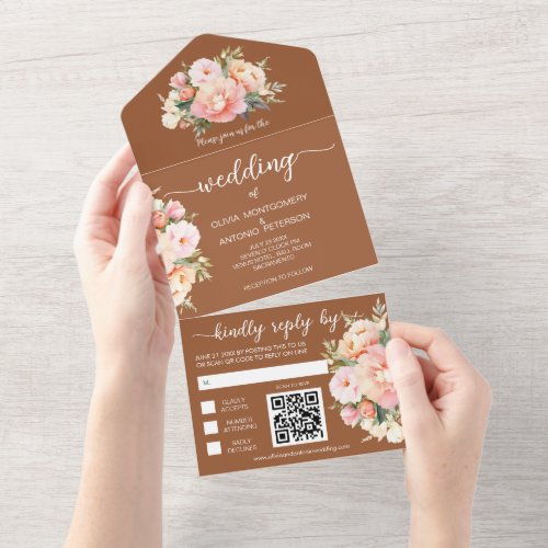 Modern Watercolor Peony Terracotta QR Code Wedding All In One Invitation