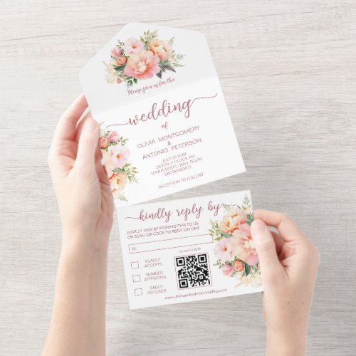 Modern Watercolor Peony White QR Code Wedding All In One Invitation