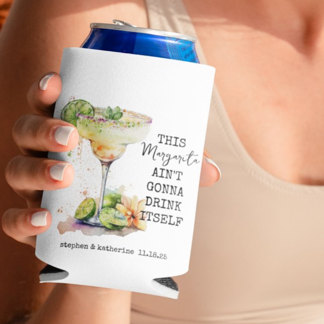 Modern Watercolor Personalized Margarita Wedding Can Cooler (Creator Uploaded)