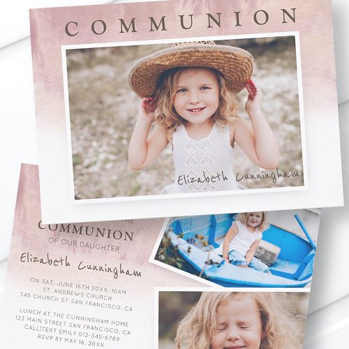 Modern Watercolor Photo First Communion Invitation