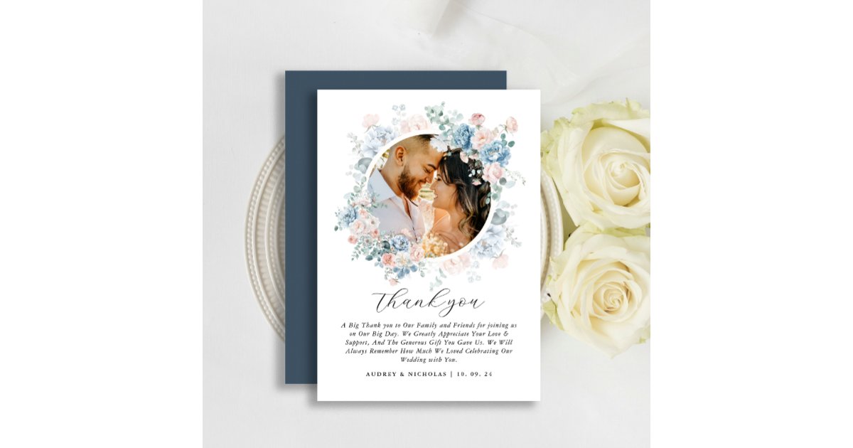 Modern Watercolor Photo Floral Wreath Wedding Thank You Card | Zazzle