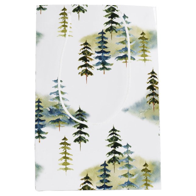 Modern Watercolor Pine Tree Forest Medium Gift Bag (Front)