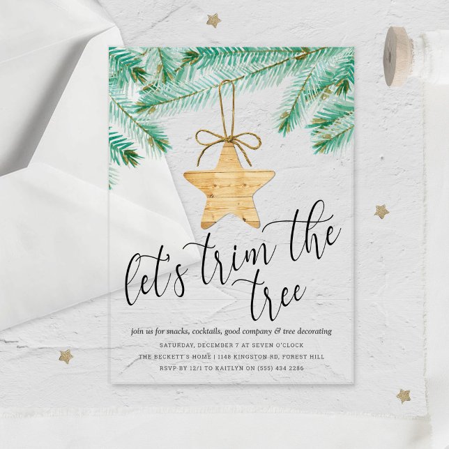 Modern Watercolor Pine Tree Trimming Party Acrylic Invitations (Creator Uploaded)